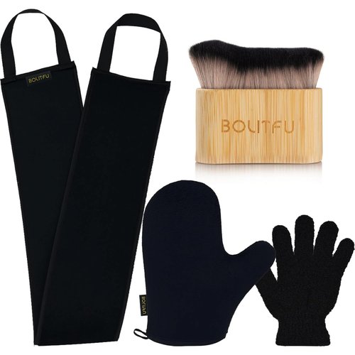 Skiennix Self Tanning Mitt Applicator Kit - 4 Pack for Streak-Free Sunless Tan | Includes Mitt, Back Applicator, Brush & Exfoliating Glove (Black)