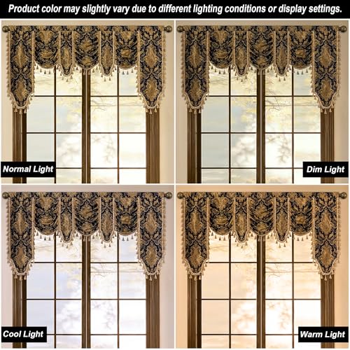 Black Gold Damask Waterfall Valance Curtains - 79W x 41L, Pack of 1