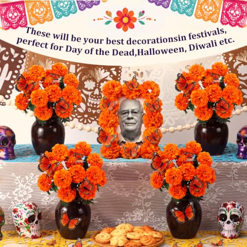 Artificial Marigold Flower Bouquet - Day of the Dead Ofrenda Decor, Orange, 7 Flowers