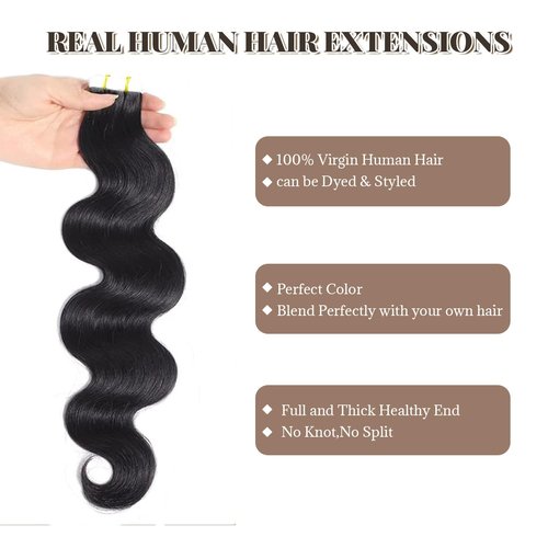 Tape in Hair Extensions Human Hair Body Wave 100% Remy Human Hair 16 Inch 50g/pack 20pcs Tape Hair Extensions Natural Black Real Human Hair Extensions for Black Women Human Hair Tape in Extensions