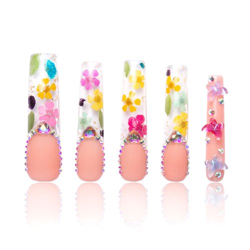 LOVFUL Press on Nails Flora | Handmade with Full Covered Crystals | Reusable Full Cover Nails | Square Long 2.2 in | H176-M