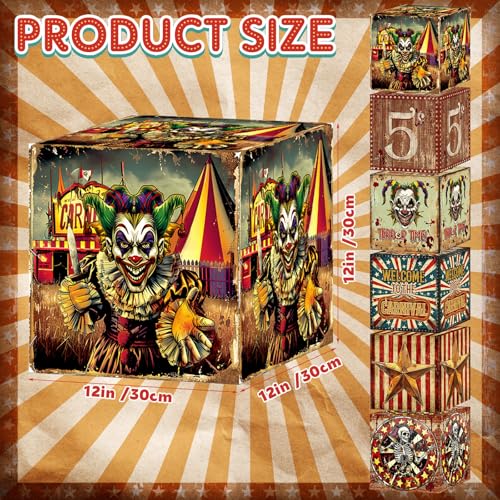 Halloween Circus Clown Gift Boxes - Large 12x12 Inches, Reusable Party Decorations - Retro Variation
