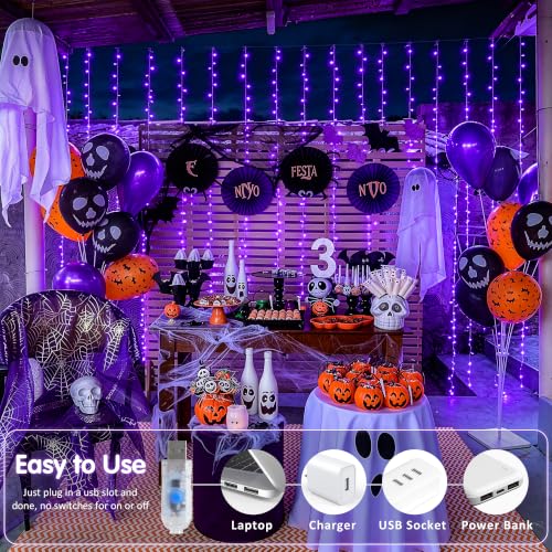 USB Purple Halloween Curtain Lights - 200 LED, 6.5ft x 6.5ft, Remote Control