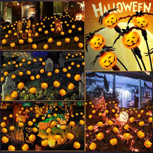 2 Pack Solar Halloween Pumpkin Lights with Spiders & Bats, Swaying Firefly Decor