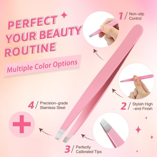 Mudder 12 Pcs Eyebrow Tweezers Set for Facial Hair Stainless Steel Slanted Tip Tweezers in Bulk for Men and Women (Pink)