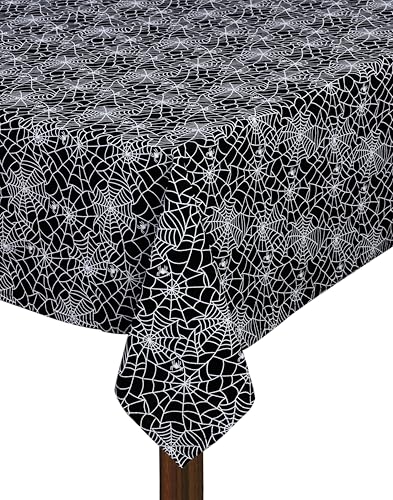 Halloween Spider Web Cotton Tablecloth - Black White 60x84 Inch Rectangular