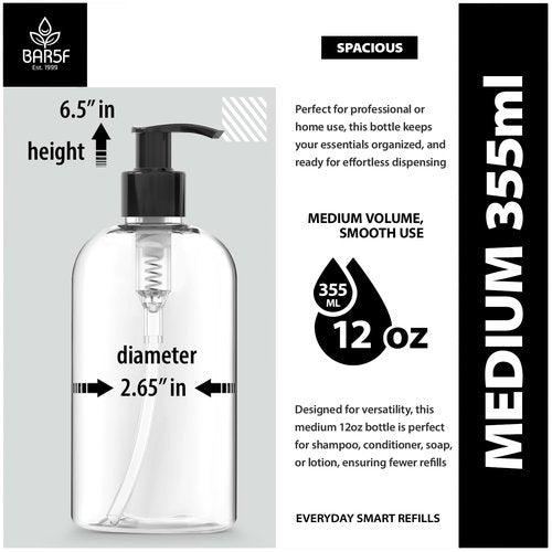 Bar5F Plastic Bottles with Pump Dispenser, 12 oz | Leak Proof, Empty, Clear Refillable, BPA Free for Body Wash, Moisturizer, Face Cream, Liquid Soap | Black & White Pumping Caps | Set of 2
