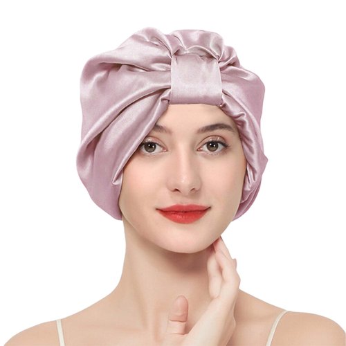 Feivea 22 Momme 100% Mulberry Silk Hair Wrap for Sleeping, Both Sides Silk Bonnet for Women Hair Care, Lotus Pink