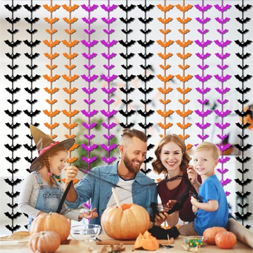 Halloween Foil Fringe Curtains 3 Pack Bats Tinsel Backdrop Party Decor - Purple, Orange, Black