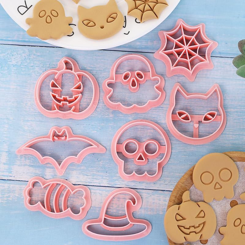 Halloween Cookie Mould Set - 8pcs Plastic Witch Bat Cookie Cutters & Stamps - Halloween 1115D