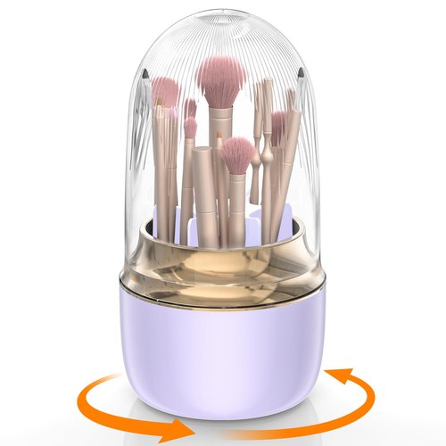 Anylady Makeup Brush Holder 360 Rotating, [Upgrade & with Cover] Makeup Brush Organizer for Vanity Countertop Bathroom (Purple)
