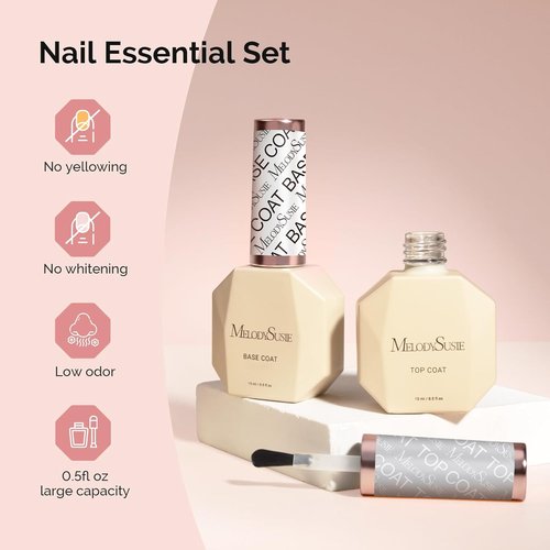 MelodySusie Top Coat & Base Coat Set - No Wipe Glossy Finish, Long Lasting Shine | 2 Pcs 15ml Clear Nail Polish