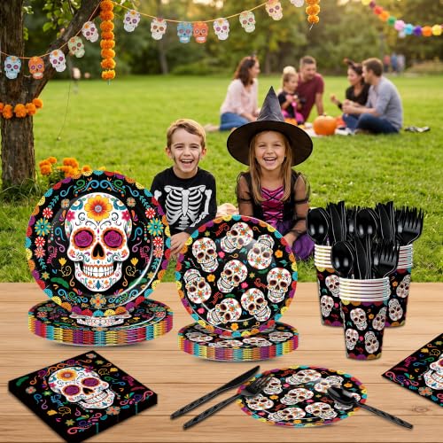 Day of the Dead Party Supplies Set - Sugar Skull Plates Napkins Cups Silverware - Black & Colorful Design