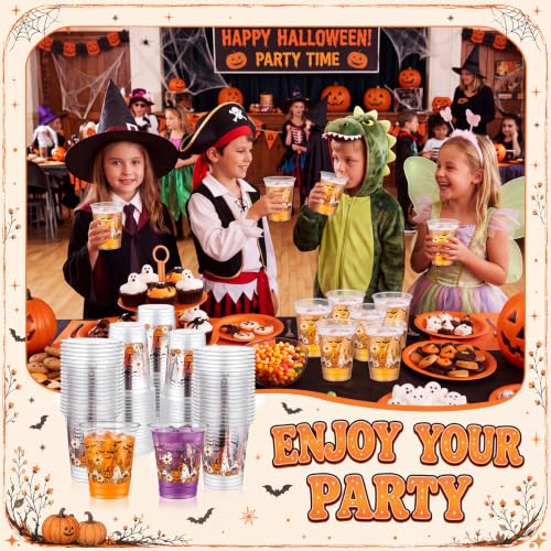 Halloween Plastic Cups 12 oz - Ghost Bats Floral Party Supplies - 100 Pack