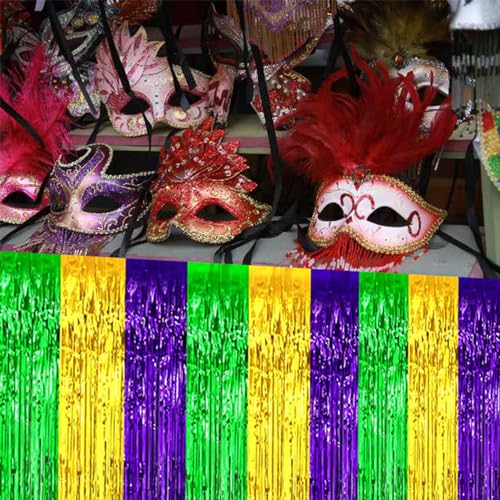 29.5x72 Inch Mardi Gras Metallic Foil Fringe Table Skirts - Green, Gold, Purple, 2 Pack