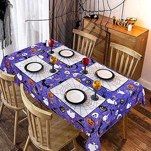 Halloween Tablecloth with Spider Web and Pumpkin Pattern - Waterproof, Spillproof, Rectangular 84x60 inches - Purple