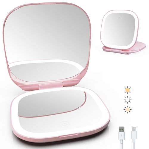 SmooEase Adjustable Brightness Compact Mirror, Lighted Travel Mirror with 1X/10X Magnifying,Double Sided,Mini Dimmable Portable for Handbag and Pocket, USB C Charging,for Girls Women(Pink)