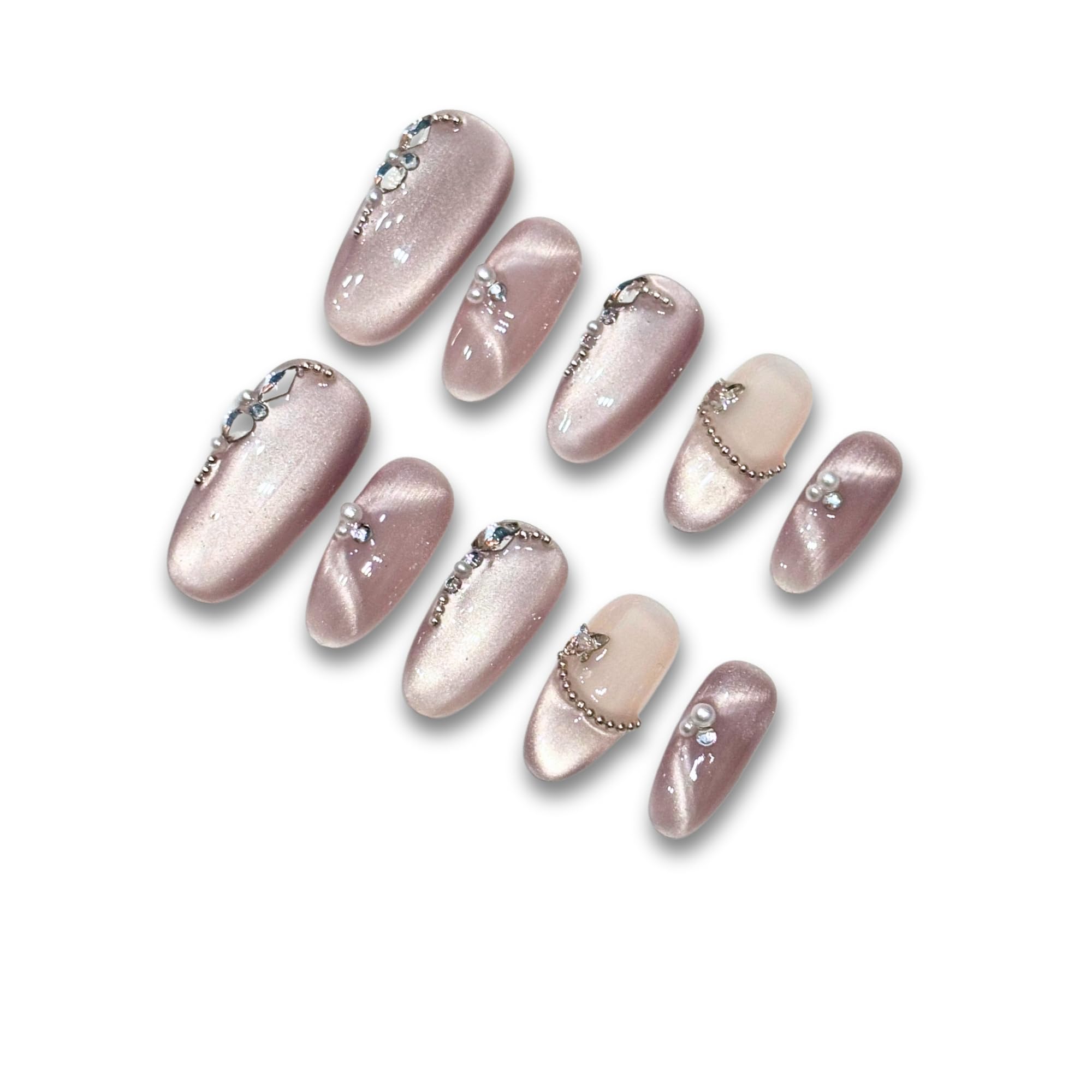 Yabonica Handmade 3D Pink Press On Nails Short Oval - 10Pcs Reusable Acrylic False Nails with Luxury GeL Cat Eye & Charms Salon Design (054P, L)