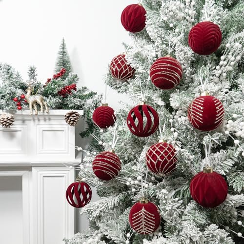 Velvet Christmas Tree Ornaments Bulk Set - Burgundy Flocked Balls, 12 Pieces