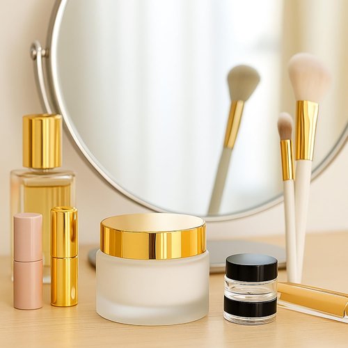 6Packs Round Frosted Glass Jars 30ml/1 OZ Comestic Sample Containers Empty Airtight Glass Jars with Inner Lids & Golden Caps For Storing Lotions Cream Body Butters Powders