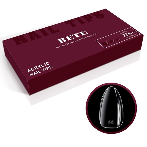 BETE Medium Almond Clear Acrylic Nail Tips–224Pcs 16 Sizes with Half Sizes, Tipex Instant Apex Full Cover False Nails, Pre-Shaped Strong Thick Press On Nails for Home & DIY Manicure