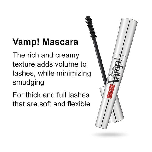 PUPA Milano Vamp! Volumizing & Lengthening Mascara - Smudge-Proof, Hypoallergenic Formula - 100 Black, 0.183 oz