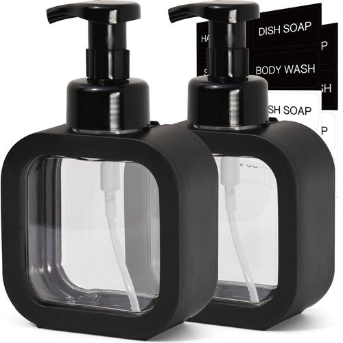 SVLX YIXVN Foaming Soap Dispenser, 2 Pack 300ml (10oz) Plastic Refillable Foaming Hand Soap Dispenser with 16 Pcs Waterproof Labels, Foam Pump Bottle for Bathroom and Kitchen (Black)
