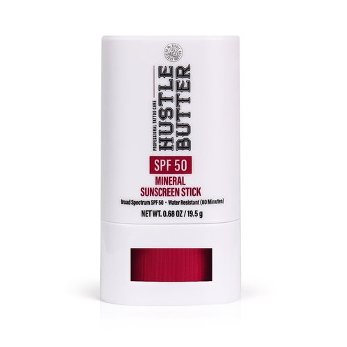 Hustle Butter Tattoo Aftercare Sunscreen Stick - Tattoo Sunscreen Stick, Fade Protection SPF 50, Hydrating with Shea Butter & Coconut Oil, TSA-Friendly, Water Resistant, Non-Greasy, 0.68 oz