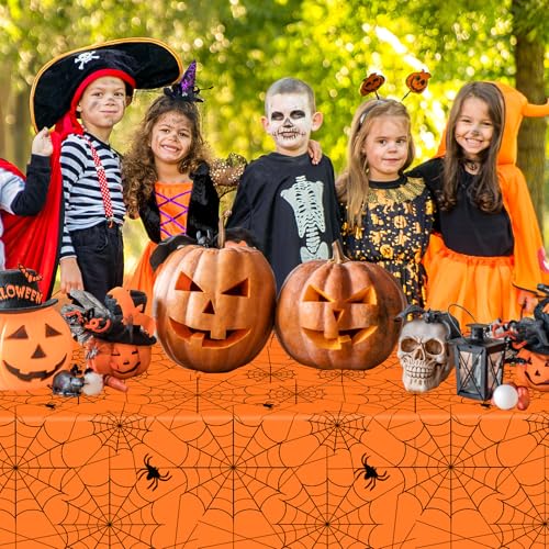 Halloween Spider Web Tablecloth - Orange Disposable Plastic Cover, 108x54 Inch, Set of 2