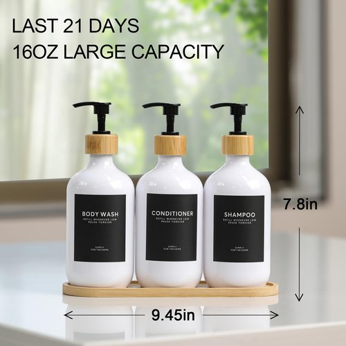 Shampoo and Conditioner Dispenser,16.9oz Set of 3 Plastic Refillable Shower Shampoo Dispenser with Bamboo Tray, Reusable Pump Bottles with Labels for Bathroom Décor (White+Bamboo Tray)