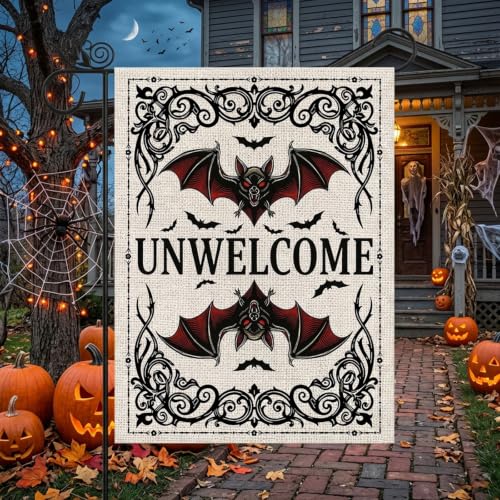 Halloween Bat Garden Flag - Unwelcome Bat Welcome Yard Decor 12x18 Inch