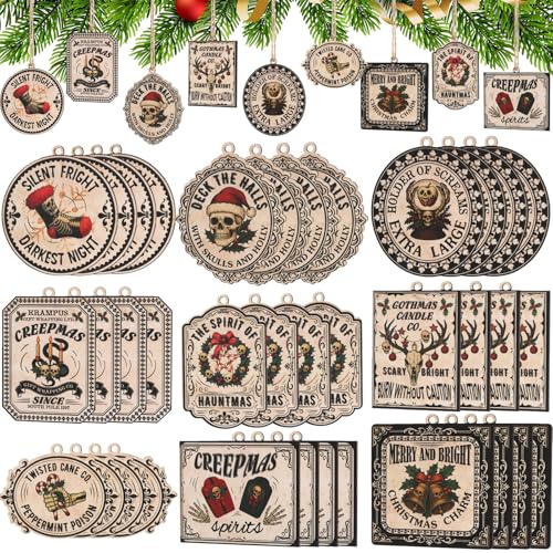 Halloween Gothic Skeleton Christmas Ornaments - 36 Dark Wooden Spooky Decor Pieces