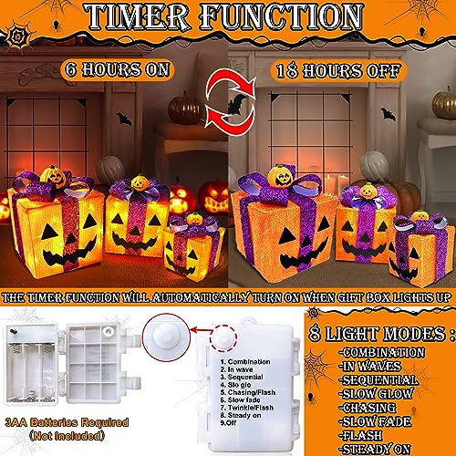 Lighted Halloween Pumpkin Decorations Gift Box 3 Pack with 8 Modes & Timer