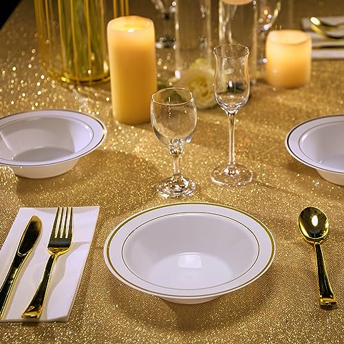 Disposable Plastic Bowls with Gold Rim - 12oz, 100 Pack, Elegant Party Serveware