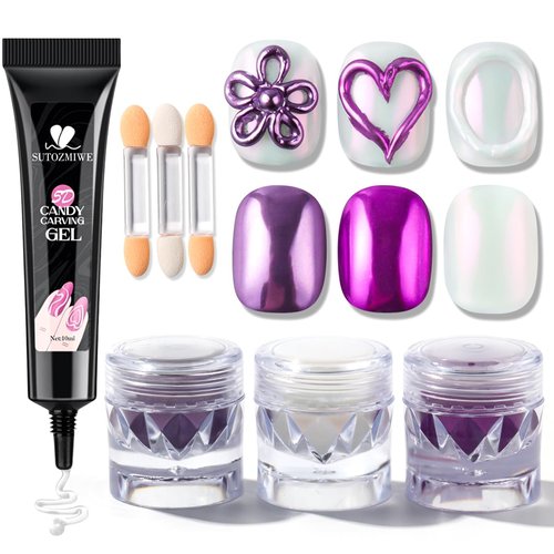 SUTOZMIWE 3D Nail Gel and Chrome Nail Powder Kit: 10g Sculpting Gel for Nail Art Metallic Mirror Effect Pigment Aurora Pearl Chrome Powder for Home DIY Salon Use (Purple)