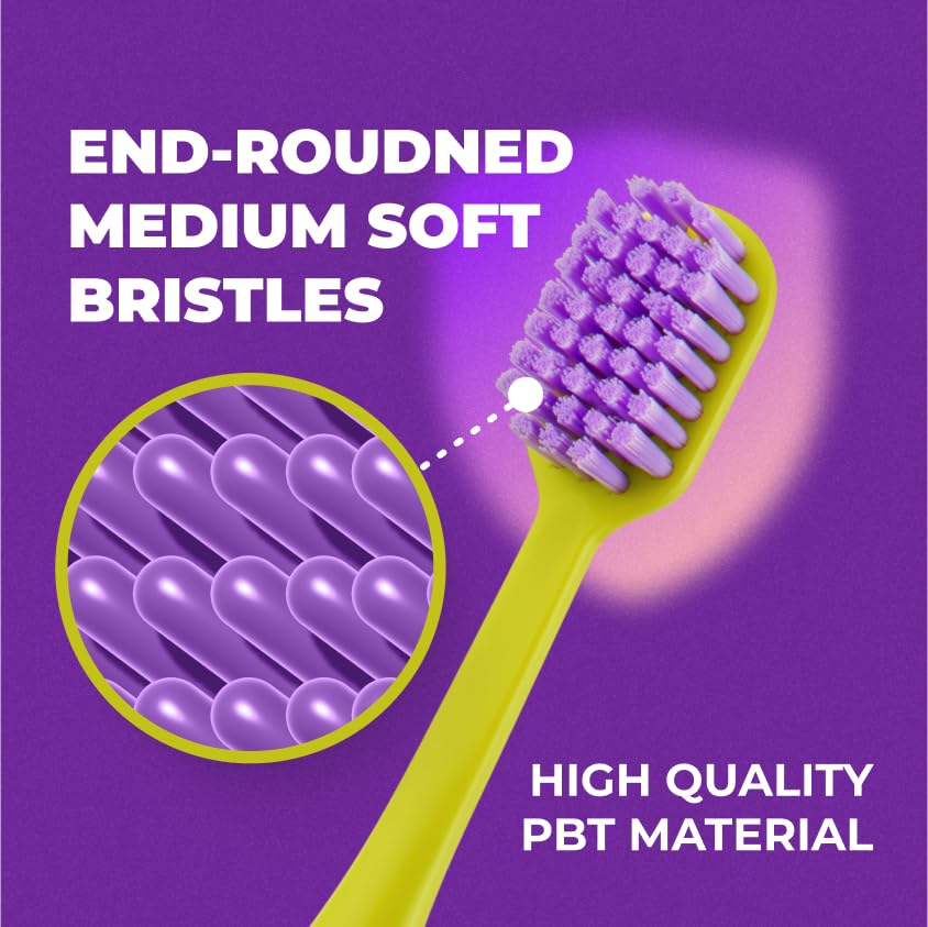 WATER DENT Medium Soft Toothbrush for Adults | Ultra-Dense Rounded Bristles | Gentle on Gums | Deep Plaque Removal | Whiter Smile | Suitable for Braces | 2 Pack Multicolor