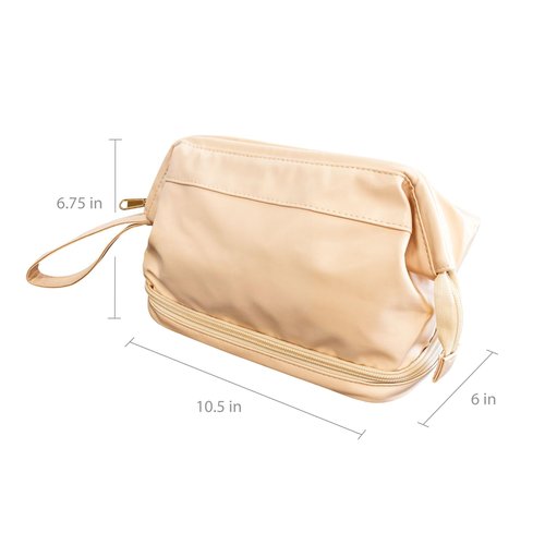 Eurow Luxe Double Layer Spacious Waterproof Cosmetic Travel Bag, PU Leather, Portable with Handle, Makeup & Toiletry Organizer, Dual Compartments for Brushes & Essentials, Cream