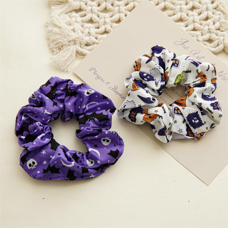 Halloween Spooky Ghost Pumpkin Bat Print Satin Hair Scrunchies - Set of 4 B