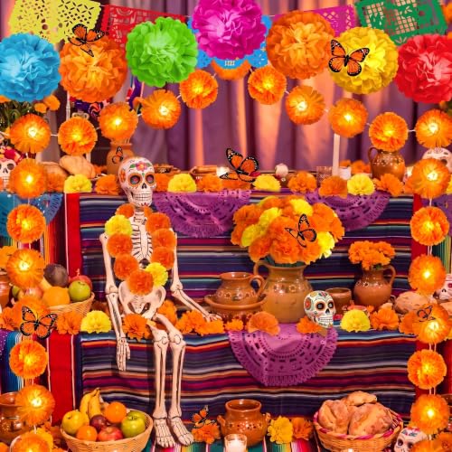Dia de Los Muertos Decor Set with Marigold Garland Banners Flowers & Butterflies