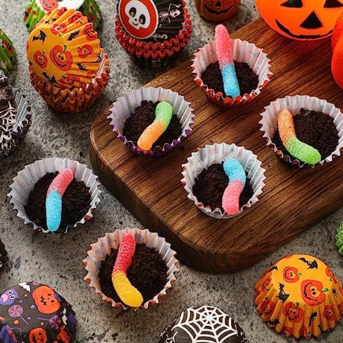 600 Pack Halloween Mini Cupcake Liners - Pumpkin, Spider, Skull, Bat Designs