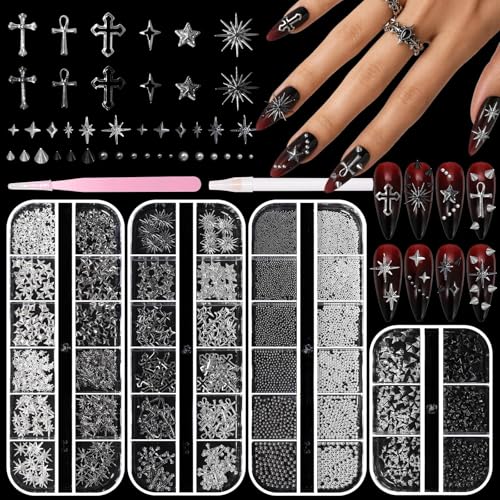 Bezztito S3 Punk Gothic Nail Art Studs Kit - Black Silver Caviar Beads & Spike Charms