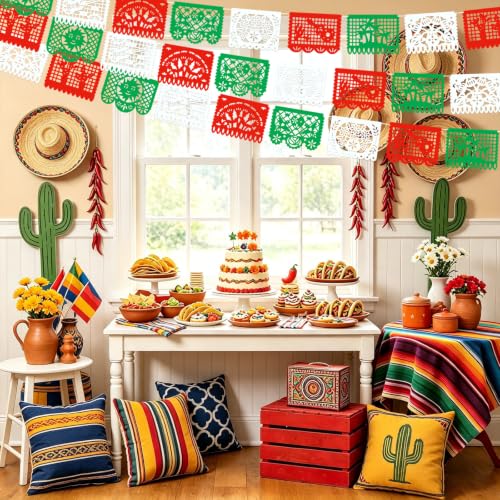 Mexican Independence Day Red Green White Papel Picado Banner - 15.8ft
