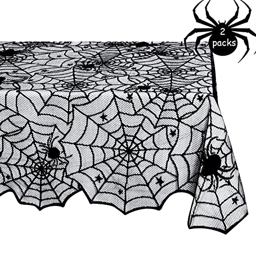 Halloween Black Lace Tablecloth 2 Pack - 54x72 Inch Spider Cobweb Design, Rectangular