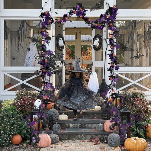 Halloween Maple Leaf Garland with Purple Orange LED Lights 5.9 ft - Fall Decorations