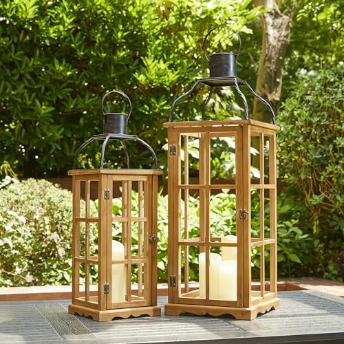 Natural Wood & Black Metal Farmhouse Candle Lanterns Set of 2 - 25 & 18.75 Inches