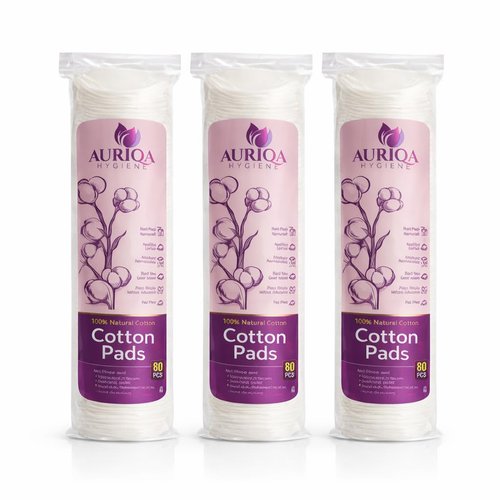 Auriqa Hygiene Premium Cotton Pads for Makeup Removal Round Pads - (Buy 2 Get 1 Free) Pack of 3 - White Cotton, with Aloe Vera Extracts, Embossed, Double Sided, for Skin Cleaning (80 Each)