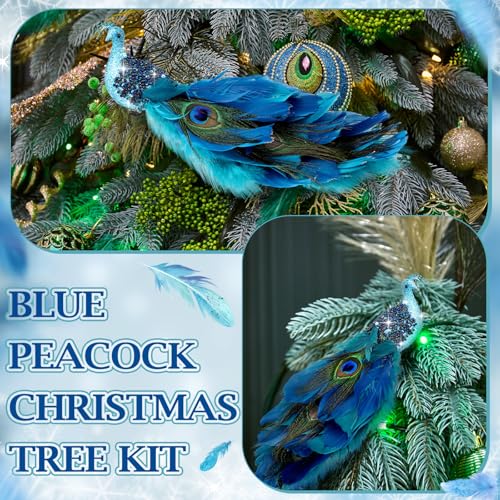 Peacock Christmas Tree Ornaments Set - Long Tail Feather Bird Decorations - Classic Style, 6 Pieces