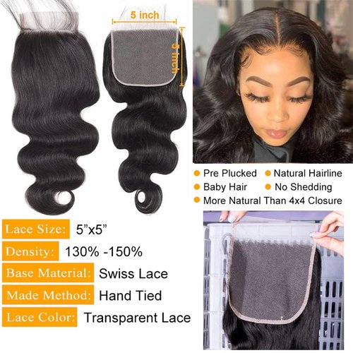 QTHAIR 18A Body Wave 5x5 Transparent Lace Closure 16inch 5x5 Lace Closure 16inch Human Hair Pre Plucked with Baby Hair Lace Closure Natural Black Color for Black Women