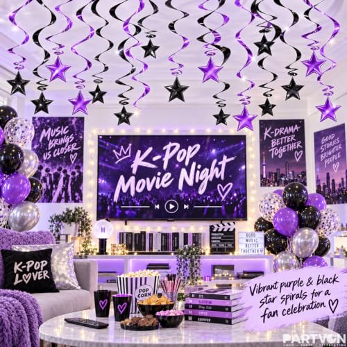 Purple Black Hanging Swirl Decorations - Metallic Foil Streamers, 36 Inch Set