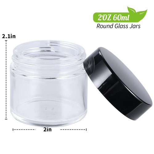 2oz Jars with Lids, HOA Kinh 4 Pack Clear Glass Jars Empty Cosmetic Containers Round Airtight Glass Jar with Inner Liners and black Lids for Storing Lotions, Powders, and Ointmentss